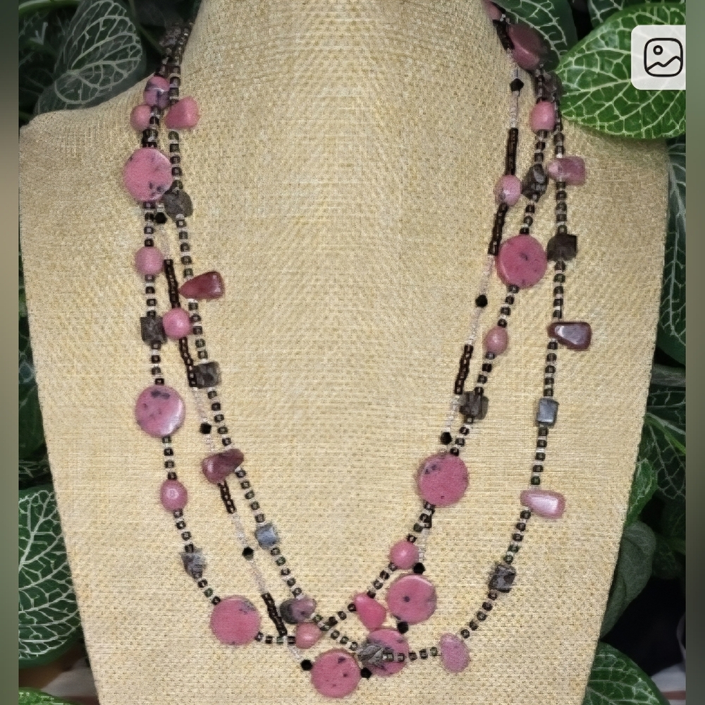 Rhodonite, Snowflake Obsidian, & Seed Bead Multi-stand Necklace W/ Toggle Clasp